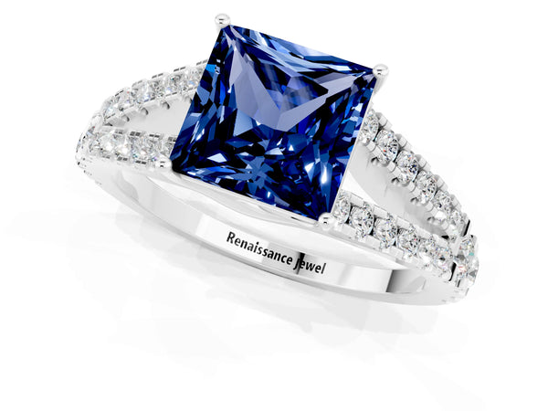 Platinum Princess Cut Blue Sapphire Split Shank Pavé Engagement Ring with Four-Prong Setting