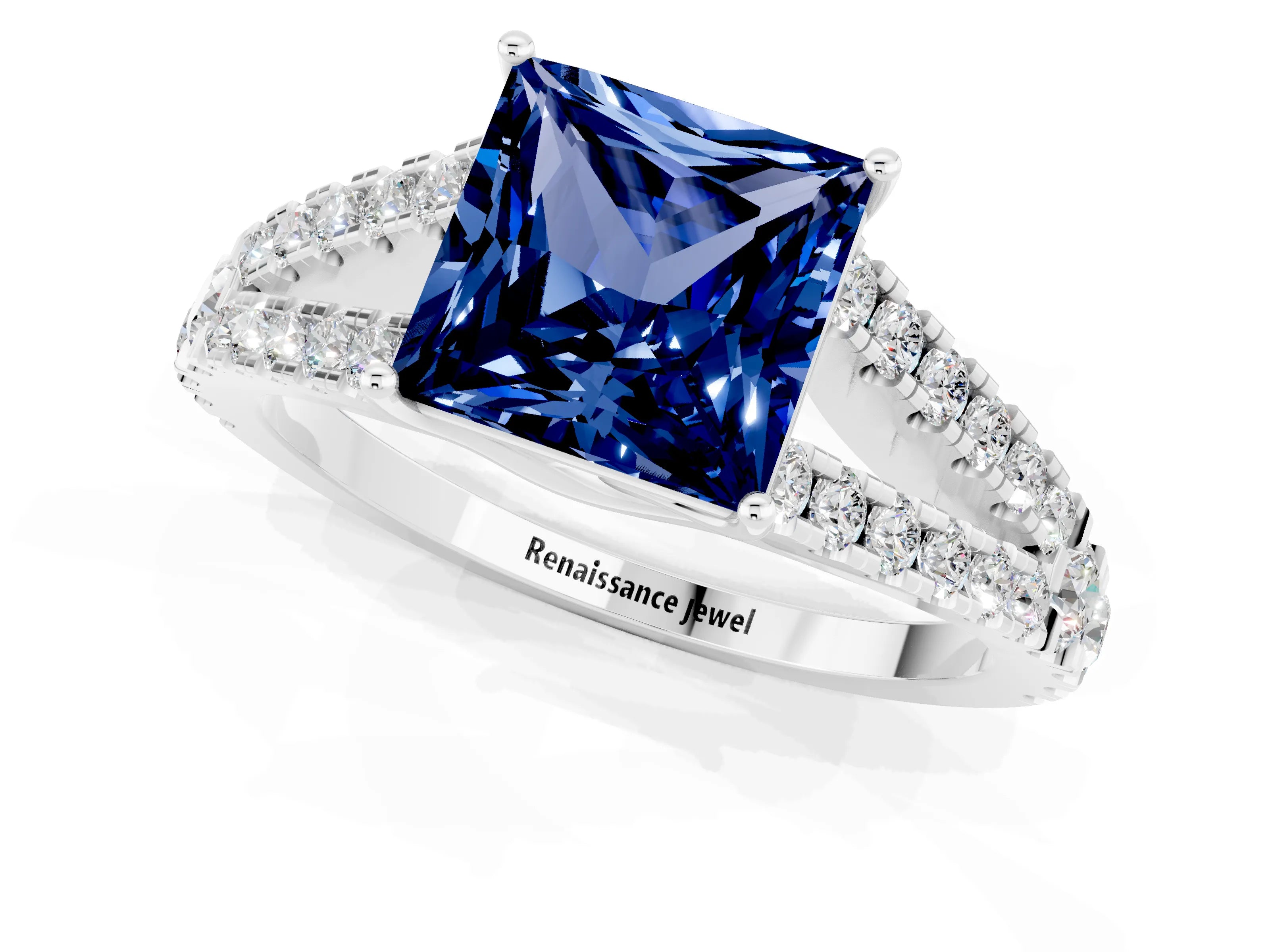 White gold Princess Cut Blue Sapphire Split Shank Pavé Engagement Ring with Four-Prong Setting_13