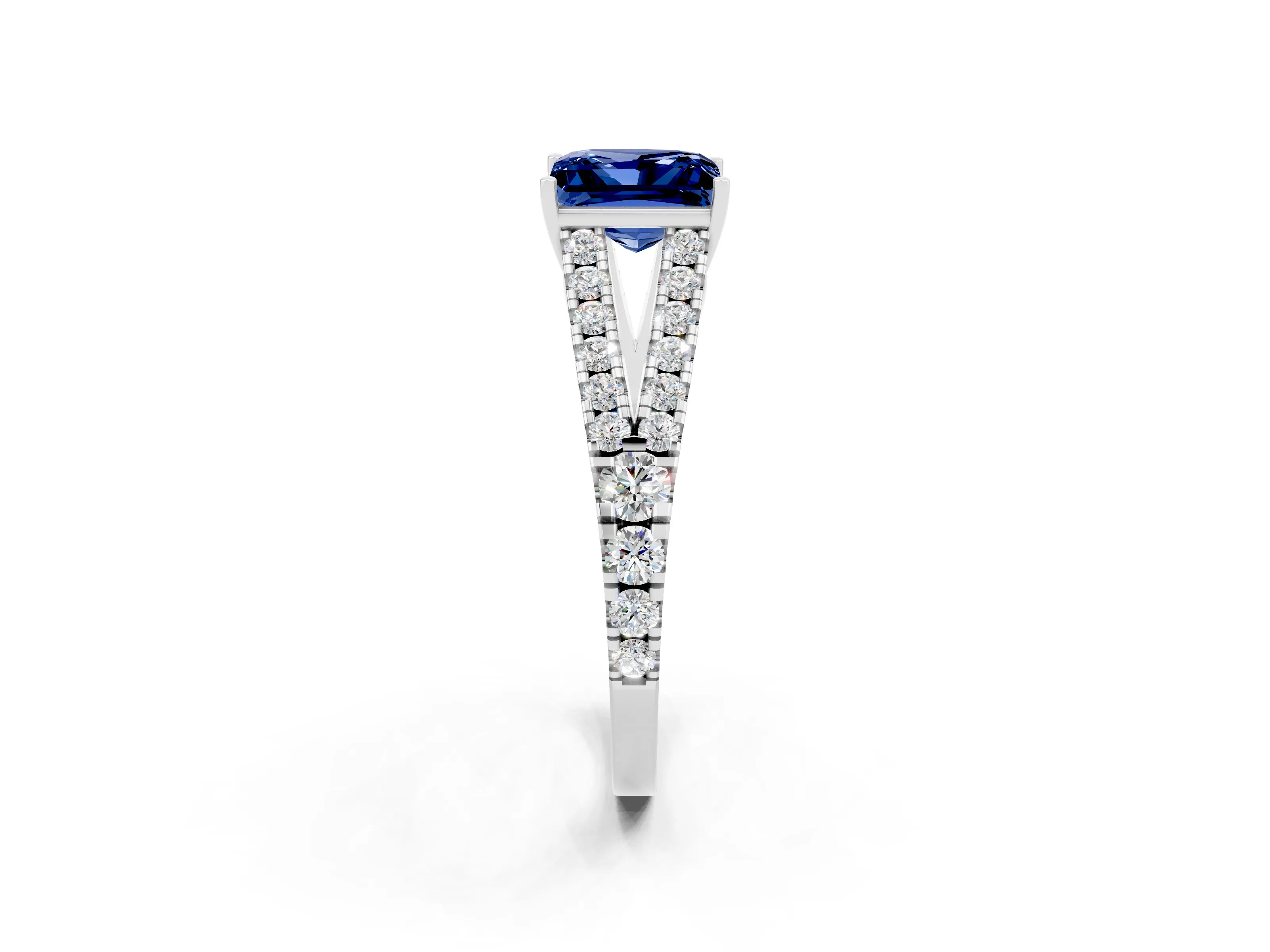 White gold Princess Cut Blue Sapphire Split Shank Pavé Engagement Ring with Four-Prong Setting_14
