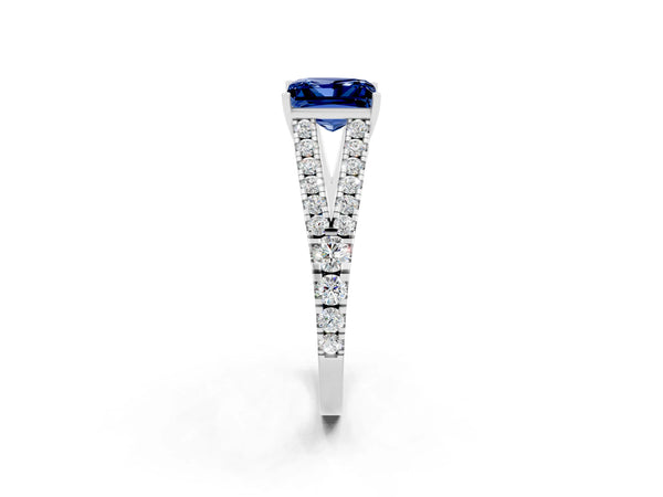White gold Princess Cut Blue Sapphire Split Shank Pavé Engagement Ring with Four-Prong Setting