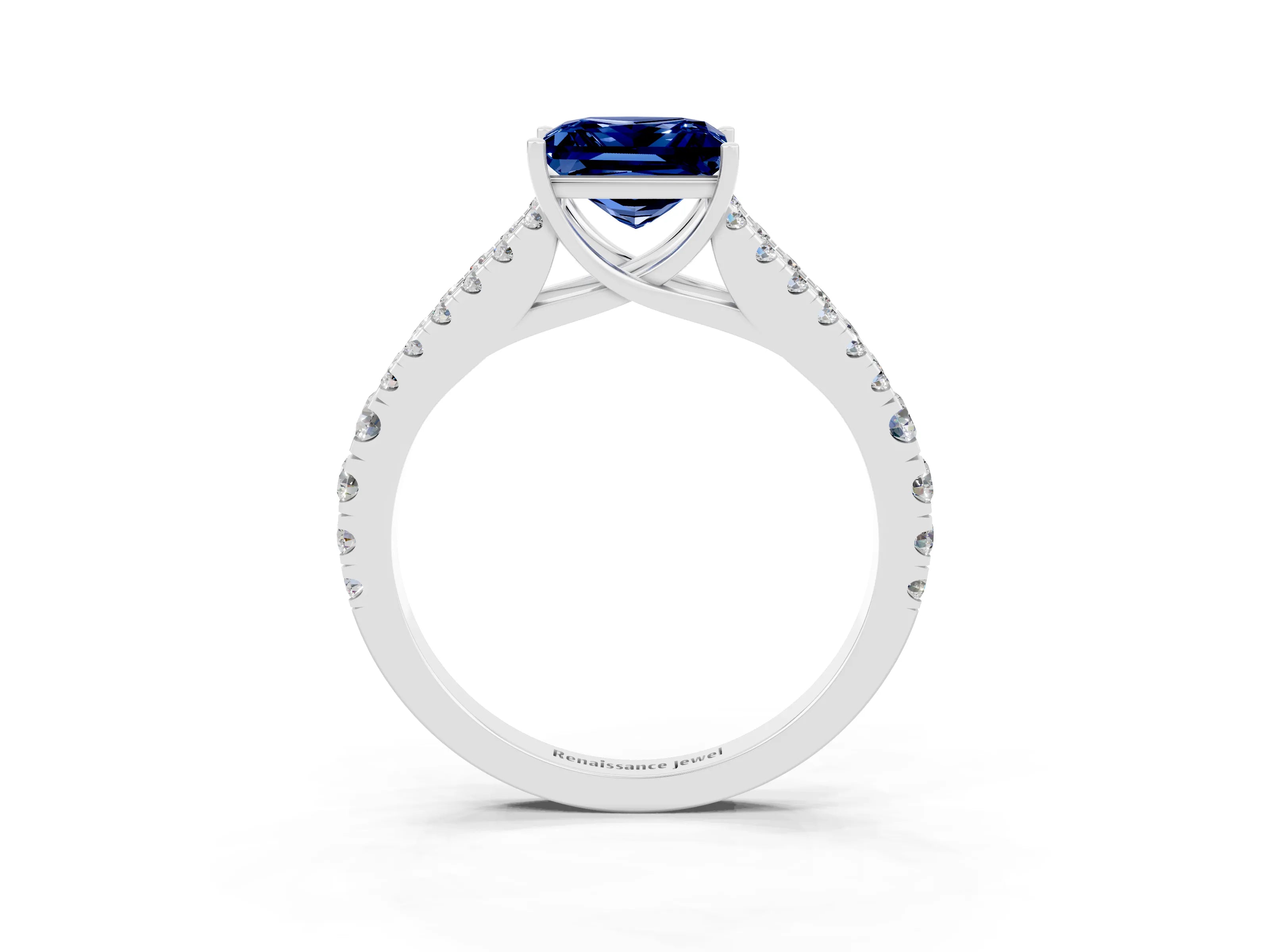 White gold Princess Cut Blue Sapphire Split Shank Pavé Engagement Ring with Four-Prong Setting_15