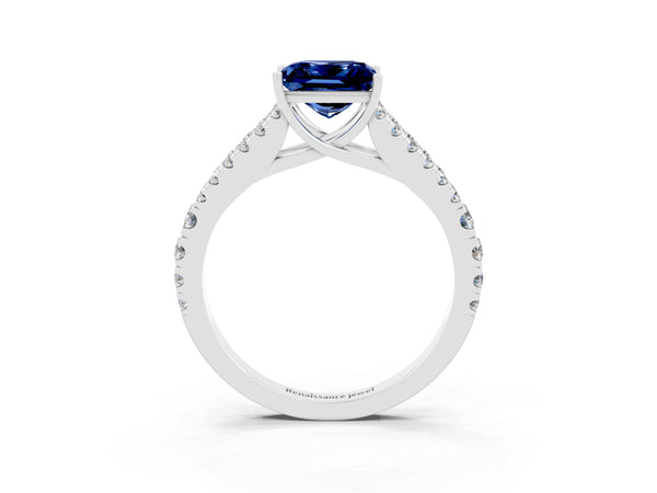 Platinum Princess Cut Blue Sapphire Split Shank Pavé Engagement Ring with Four-Prong Setting