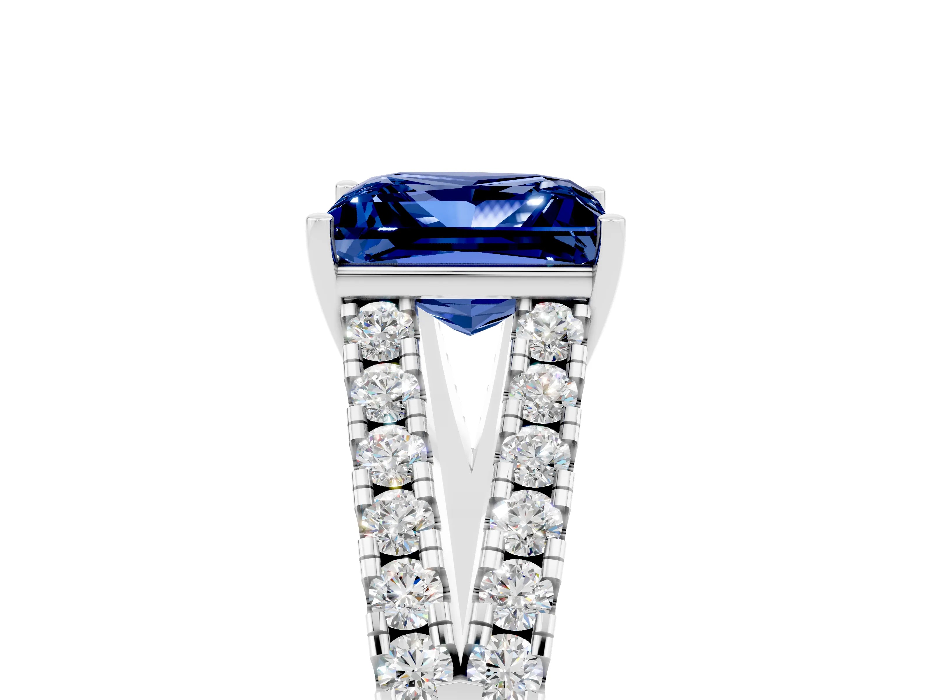 White gold Princess Cut Blue Sapphire Split Shank Pavé Engagement Ring with Four-Prong Setting_17