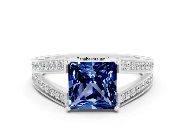 Platinum Princess Cut Blue Sapphire Split Shank Ring with Pavé Band and Four-Prong Setting