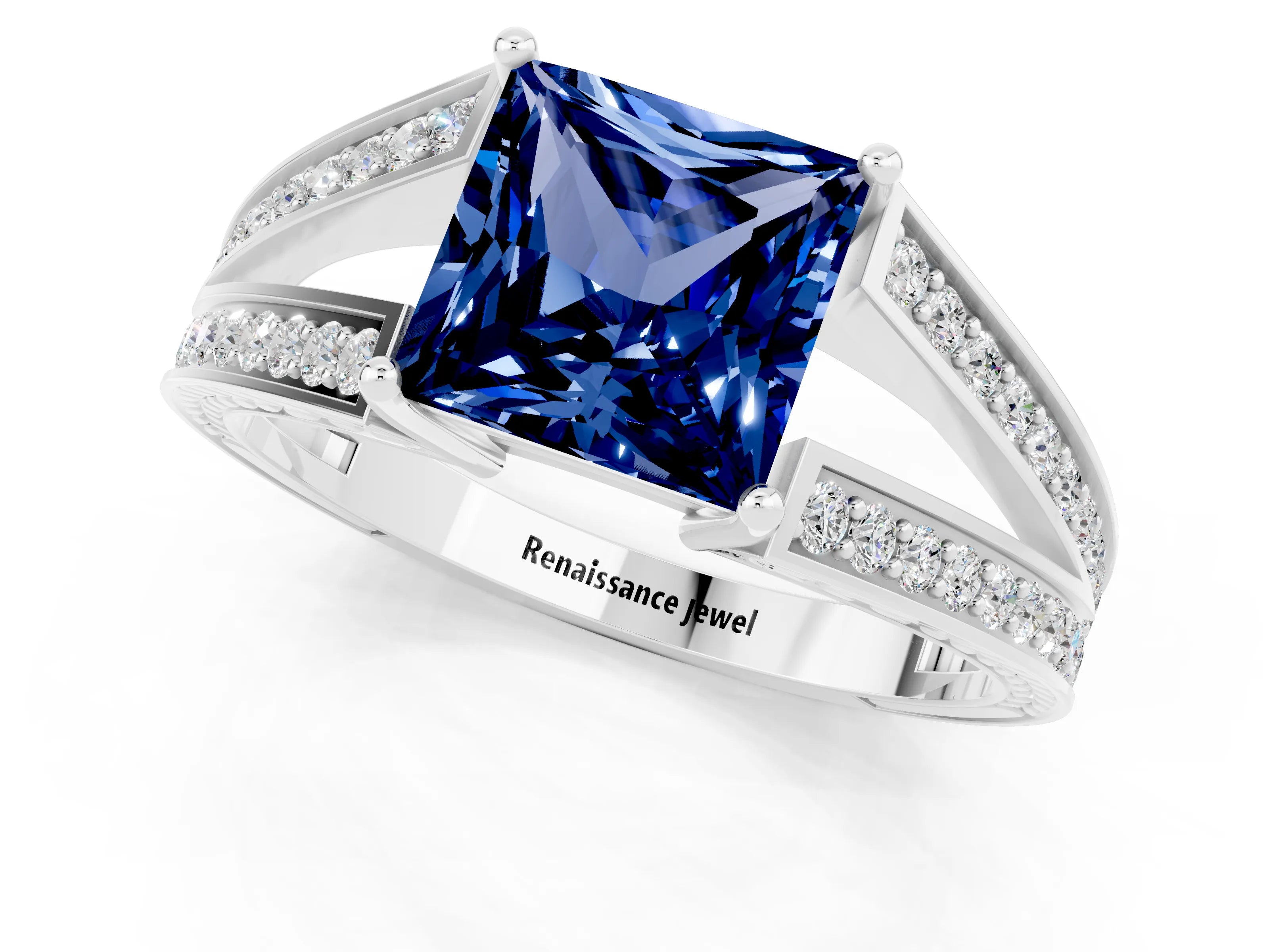 White gold Princess Cut Blue Sapphire Split Shank Ring with Pavé Band and Four-Prong Setting_1