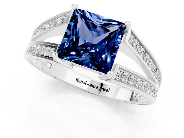 Platinum Princess Cut Blue Sapphire Split Shank Ring with Pavé Band and Four-Prong Setting