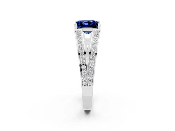 White gold Princess Cut Blue Sapphire Split Shank Ring with Pavé Band and Four-Prong Setting
