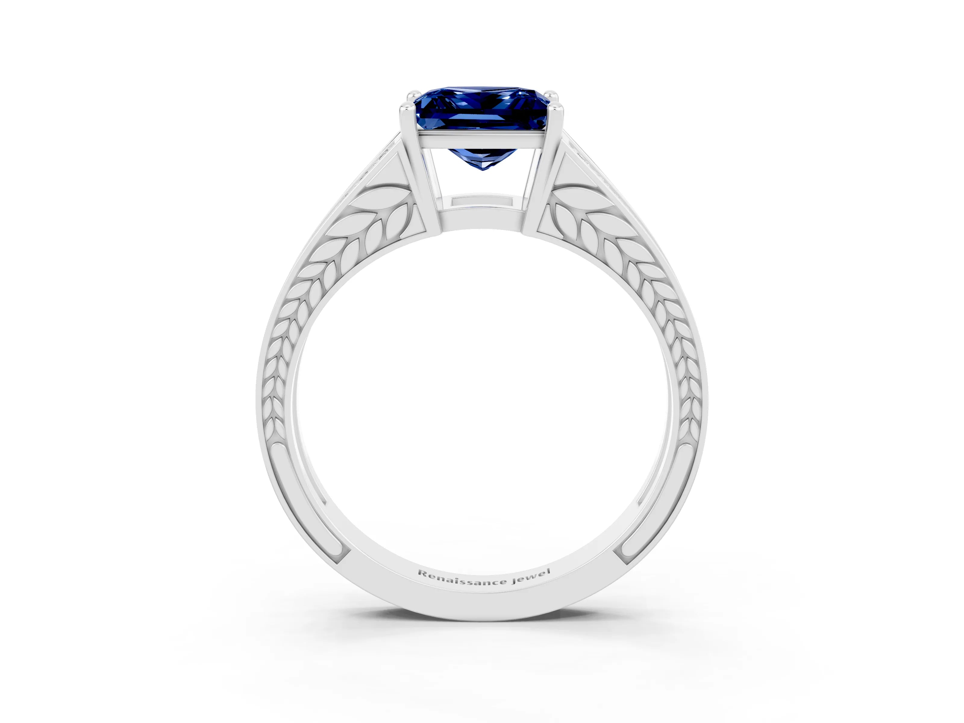 White gold Princess Cut Blue Sapphire Split Shank Ring with Pavé Band and Four-Prong Setting_3