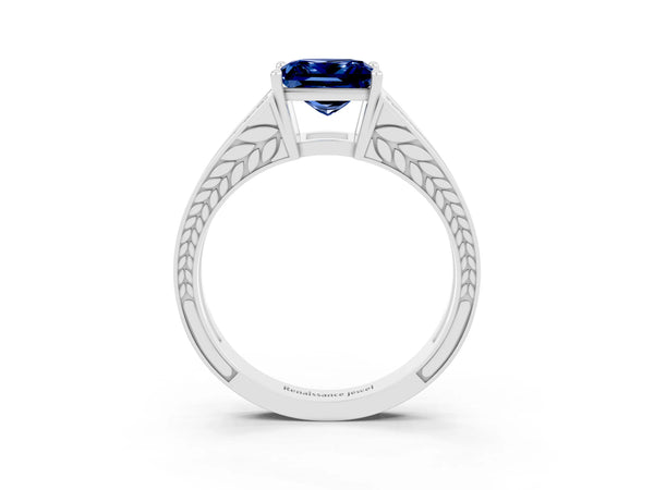 Platinum Princess Cut Blue Sapphire Split Shank Ring with Pavé Band and Four-Prong Setting