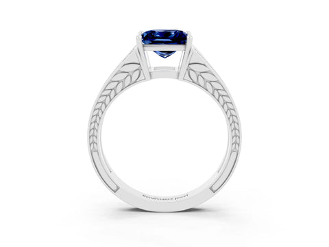 White gold Princess Cut Blue Sapphire Split Shank Ring with Pavé Band and Four-Prong Setting_3