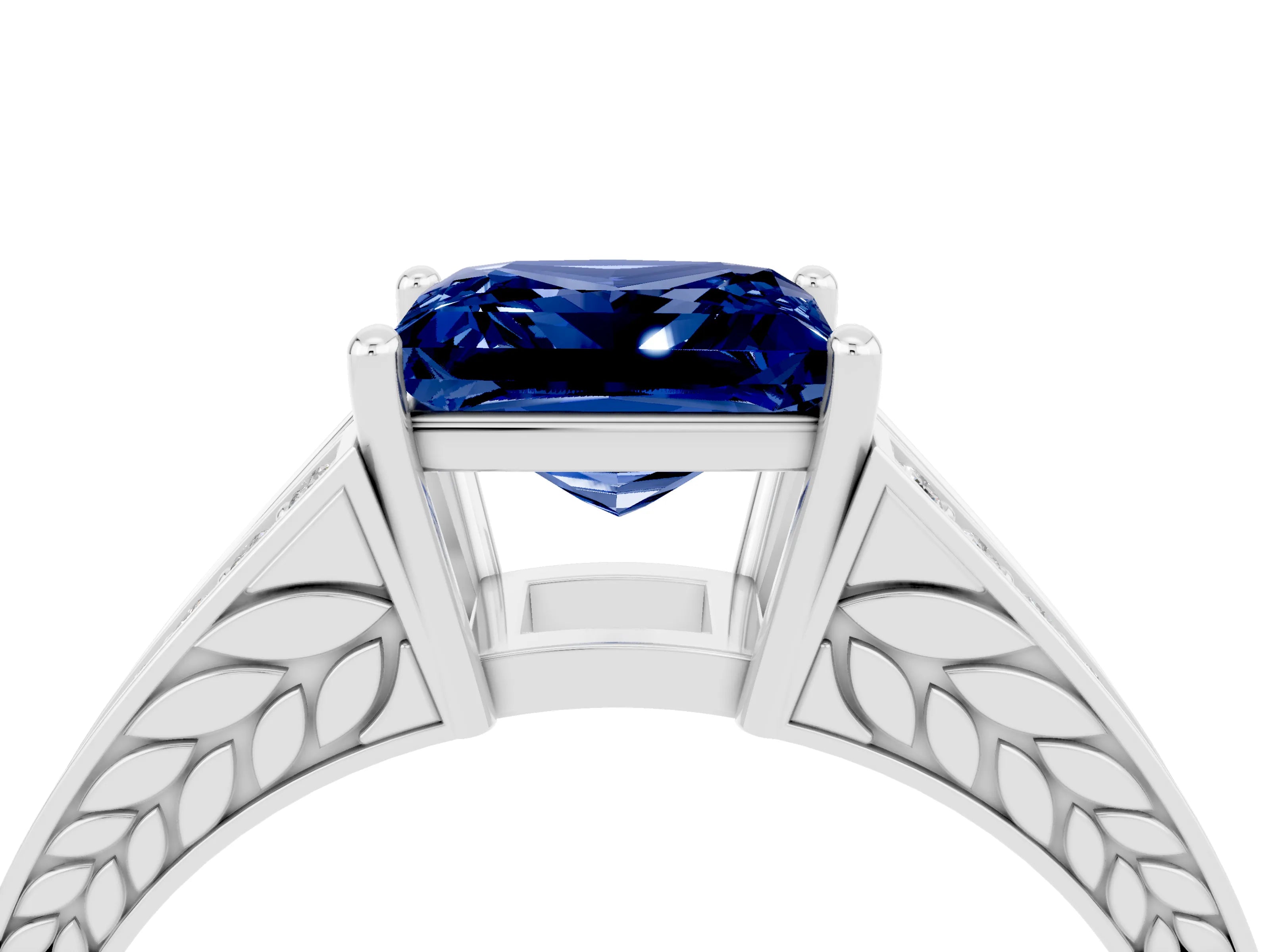 White gold Princess Cut Blue Sapphire Split Shank Ring with Pavé Band and Four-Prong Setting_4