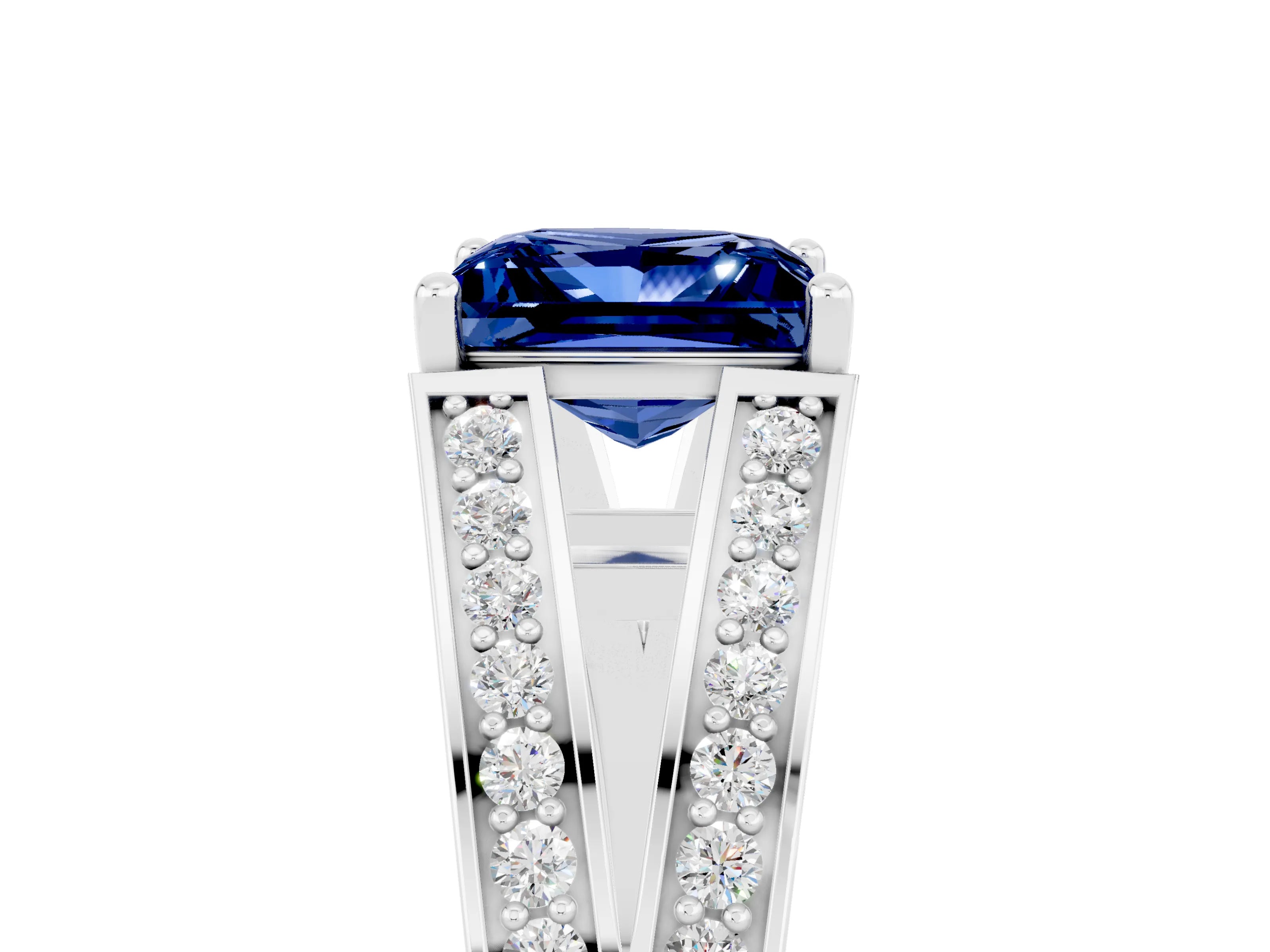 White gold Princess Cut Blue Sapphire Split Shank Ring with Pavé Band and Four-Prong Setting_5
