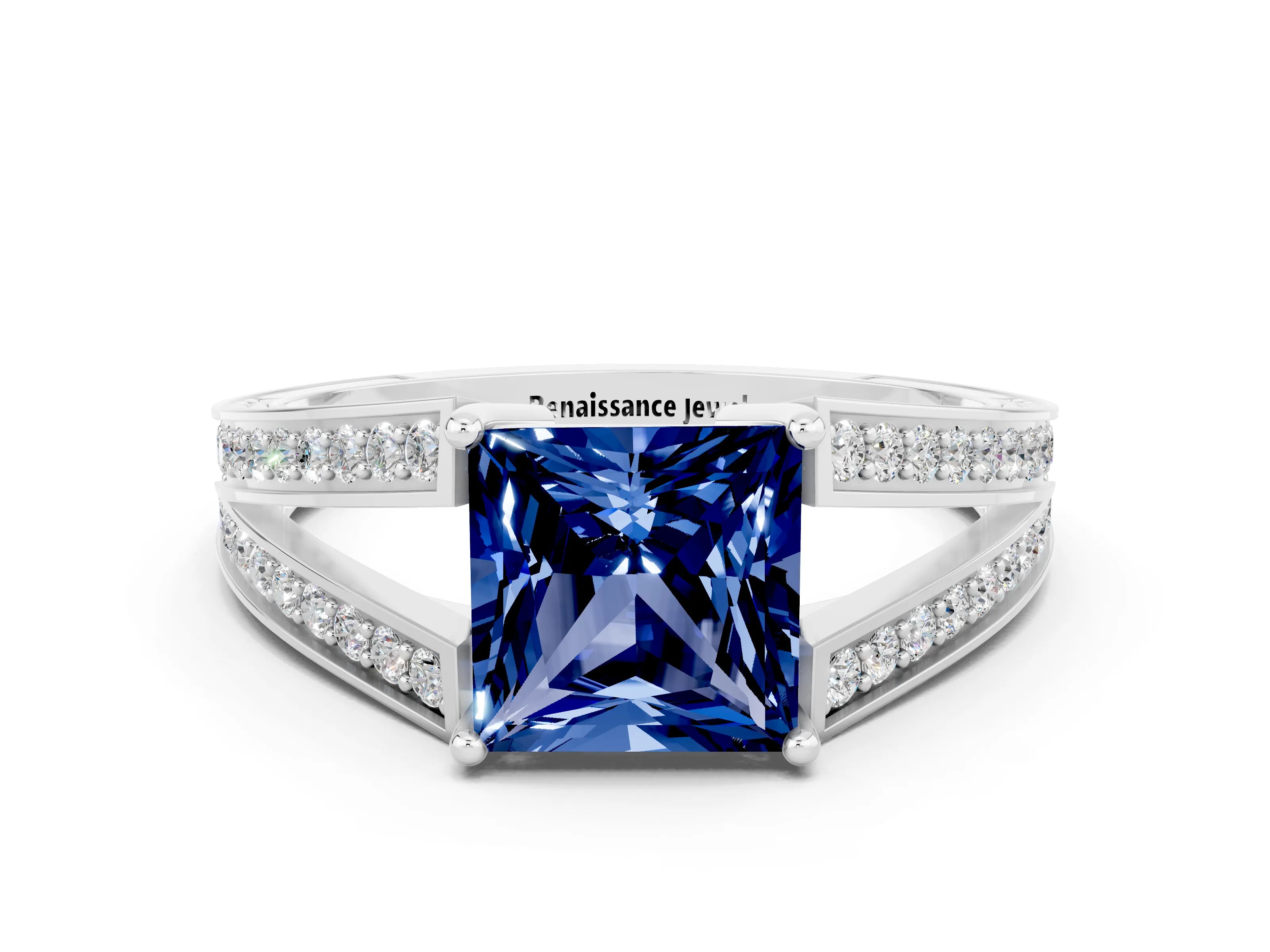 White gold Princess Cut Blue Sapphire Split Shank Ring with Pavé Band and Four-Prong Setting
