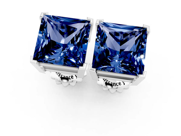 White gold Princess Cut Blue Sapphire Stud Earrings