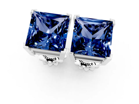White gold Princess Cut Blue Sapphire Stud Earrings_13