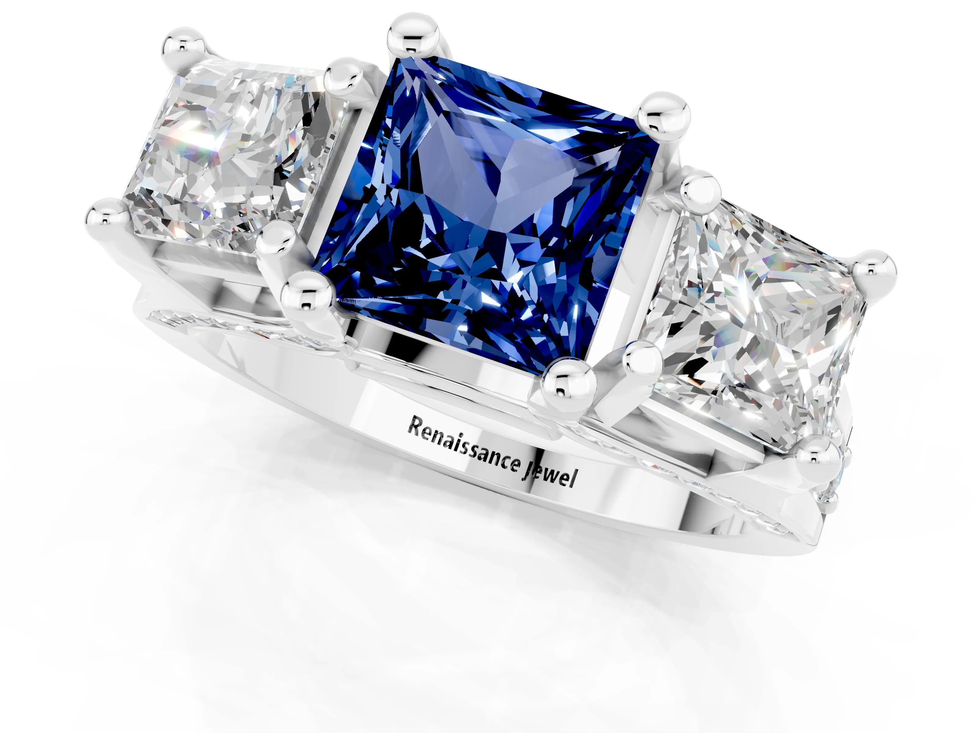 White gold Princess Cut Blue Sapphire Three-Stone Ring with Channel Set Band and Four-Prong Setting_1