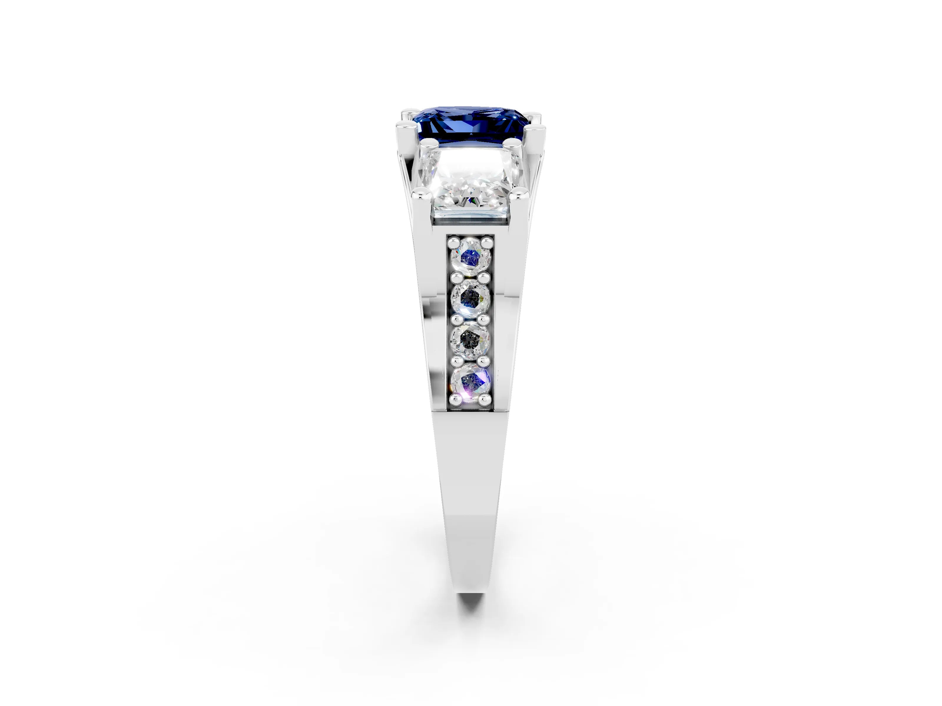 White gold Princess Cut Blue Sapphire Three-Stone Ring with Channel Set Band and Four-Prong Setting_2