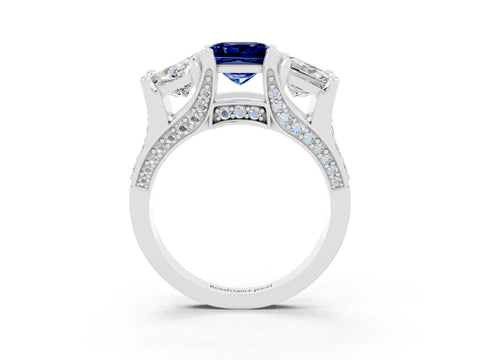 White gold Princess Cut Blue Sapphire Three-Stone Ring with Channel Set Band and Four-Prong Setting_3