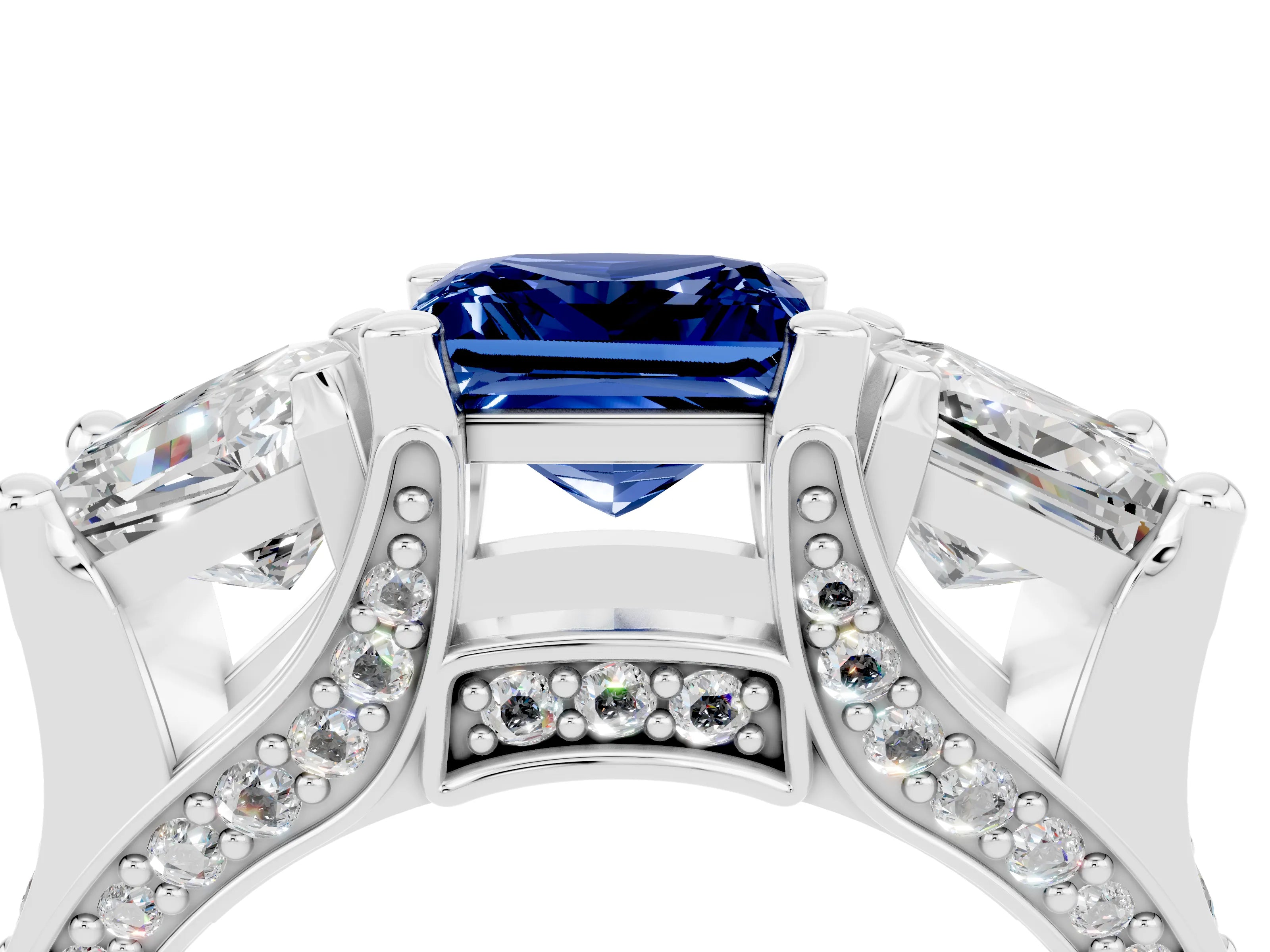White gold Princess Cut Blue Sapphire Three-Stone Ring with Channel Set Band and Four-Prong Setting_4