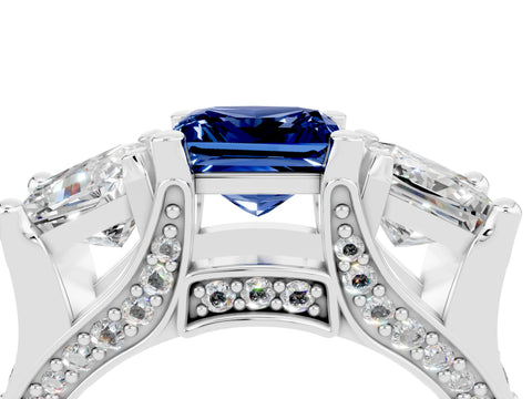 White gold Princess Cut Blue Sapphire Three-Stone Ring with Channel Set Band and Four-Prong Setting_4