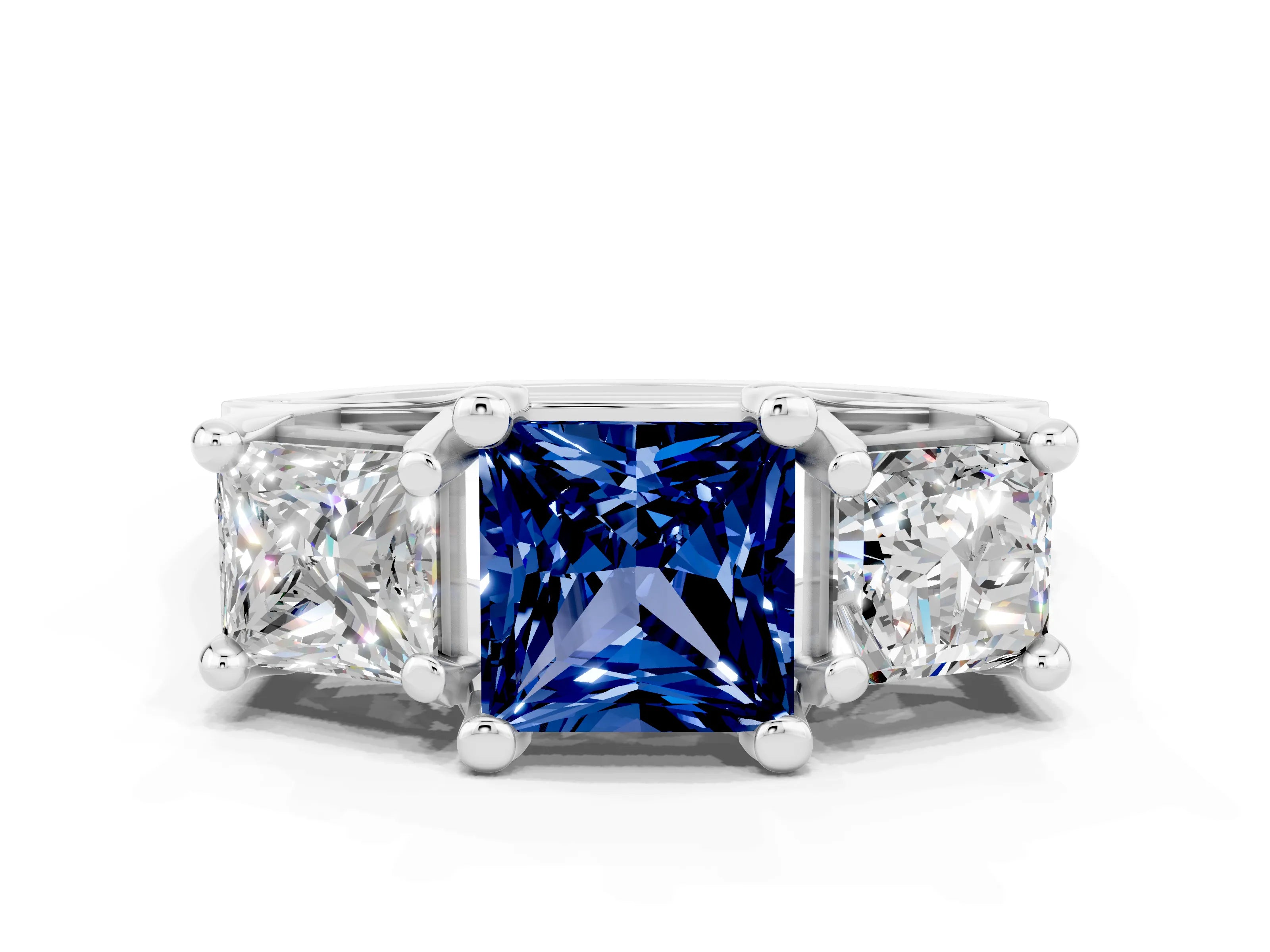 White gold Princess Cut Blue Sapphire Three-Stone Ring with Channel Set Band and Four-Prong Setting