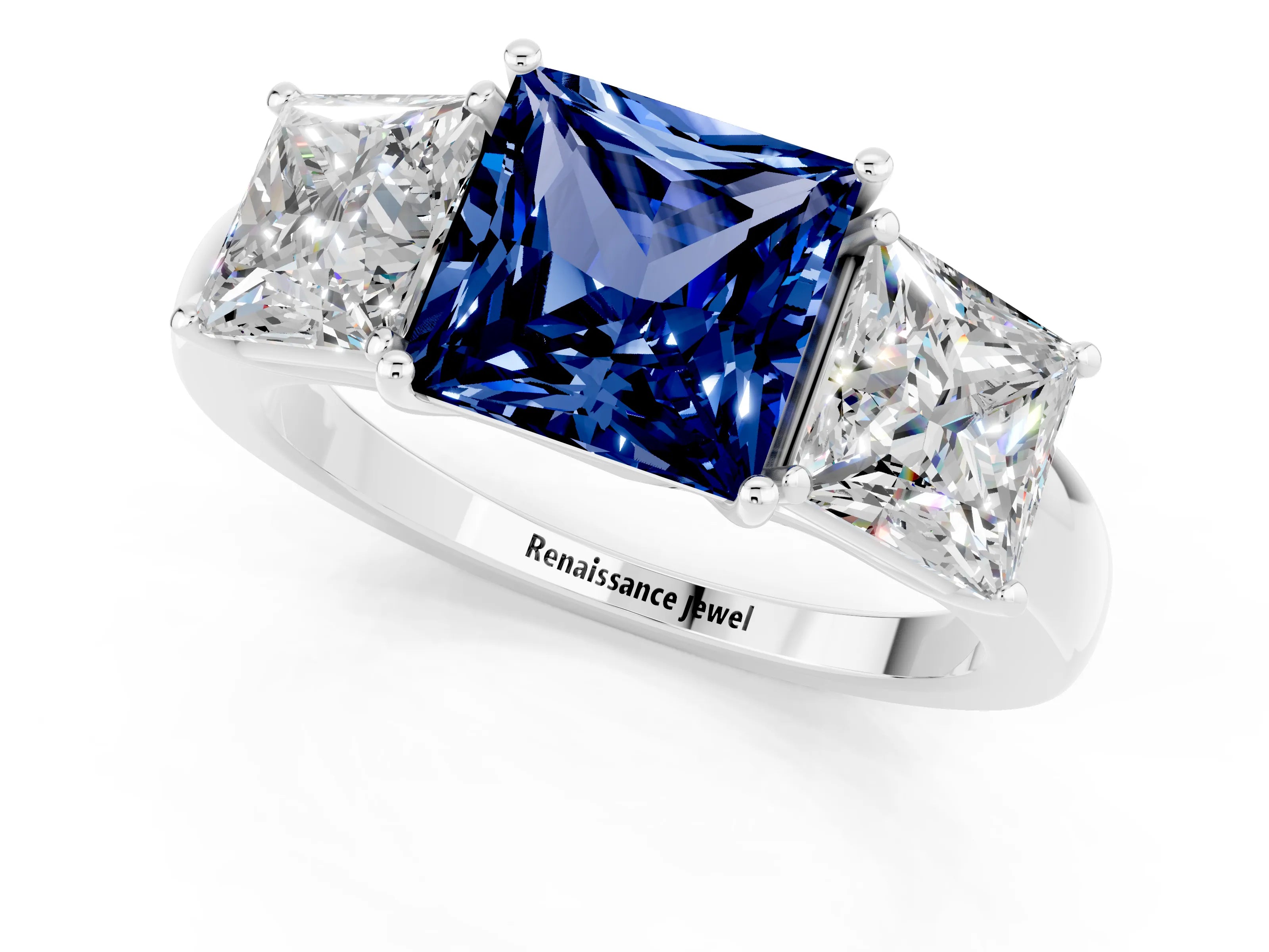 White gold Princess Cut Blue Sapphire Three-Stone Ring with Four-Prong Setting and Classic Band_1