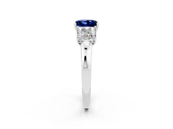Silver Princess Cut Blue Sapphire Three-Stone Ring with Four-Prong Setting and Classic Band