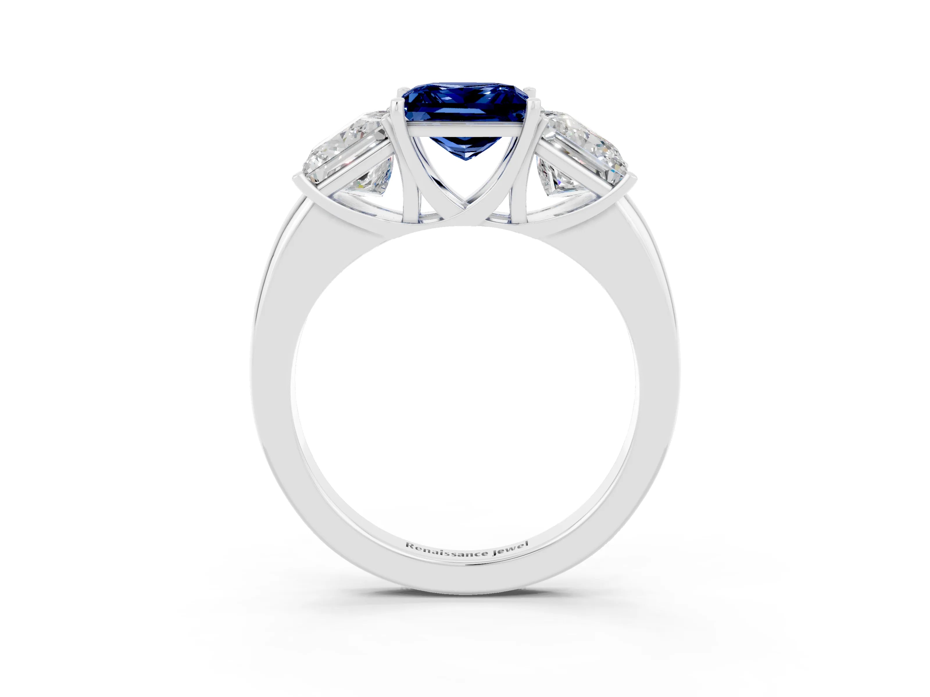 White gold Princess Cut Blue Sapphire Three-Stone Ring with Four-Prong Setting and Classic Band_3