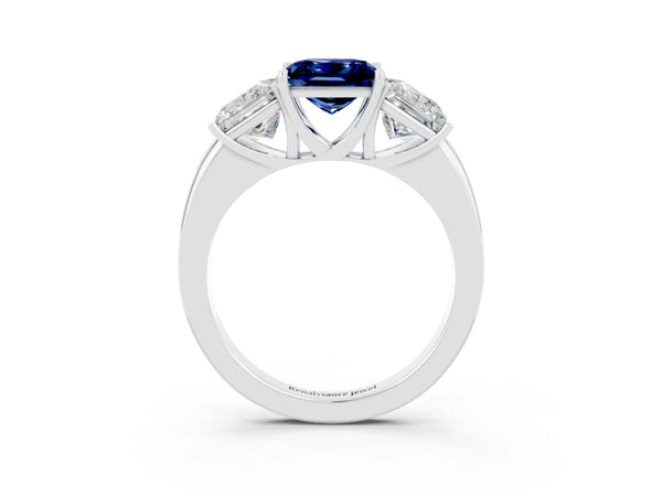 White gold Princess Cut Blue Sapphire Three-Stone Ring with Four-Prong Setting and Classic Band