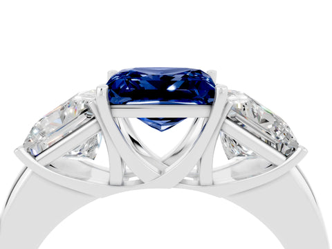 White gold Princess Cut Blue Sapphire Three-Stone Ring with Four-Prong Setting and Classic Band_4