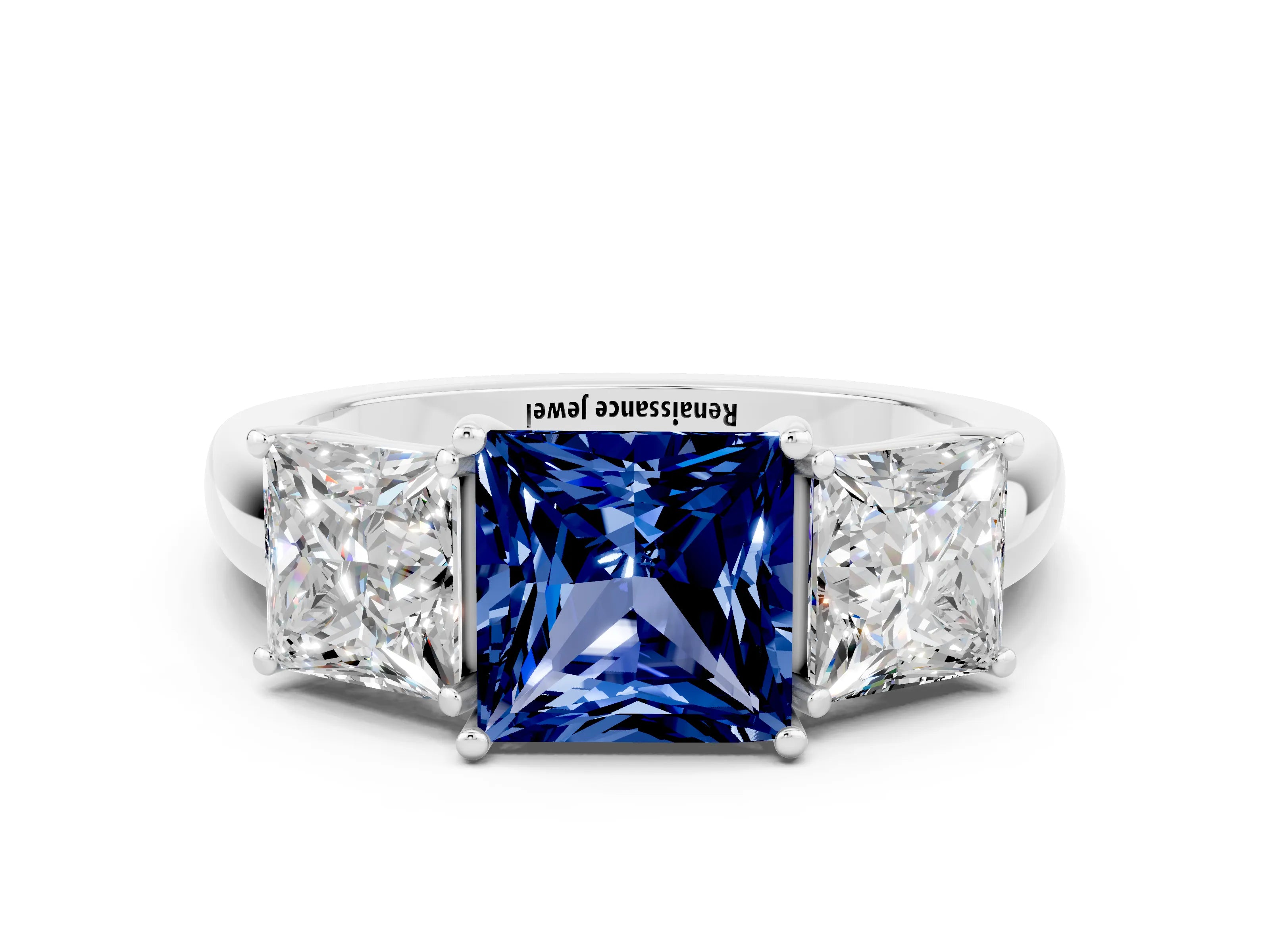 White gold Princess Cut Blue Sapphire Three-Stone Ring with Four-Prong Setting and Classic Band