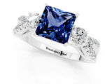 White gold Princess Cut Blue Sapphire Three-Stone Ring with Pavé Split Shank and Four-Prong Setting_1