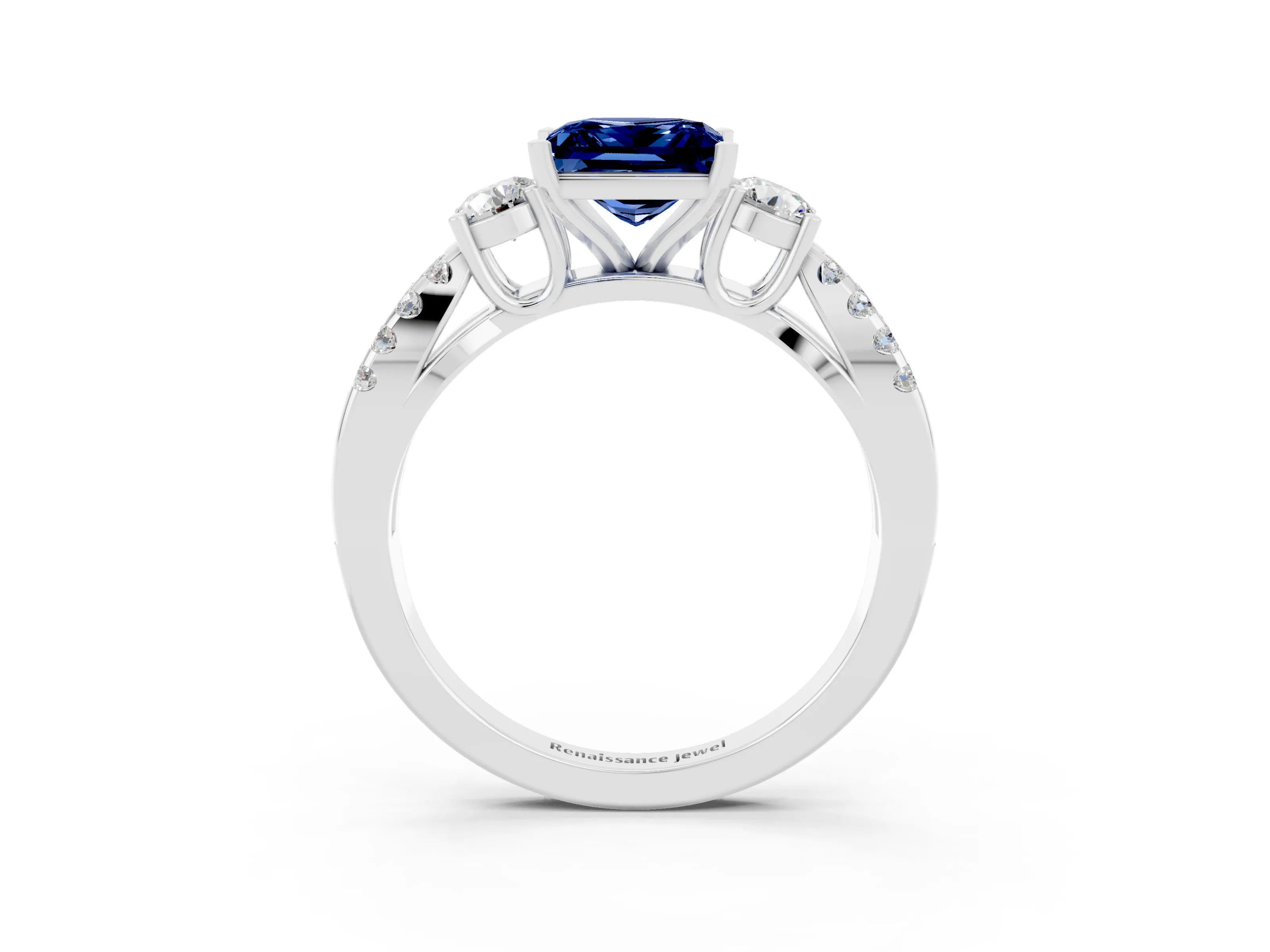 White gold Princess Cut Blue Sapphire Three-Stone Ring with Pavé Split Shank and Four-Prong Setting_3