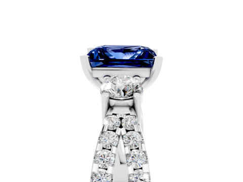 White gold Princess Cut Blue Sapphire Three-Stone Ring with Pavé Split Shank and Four-Prong Setting_5