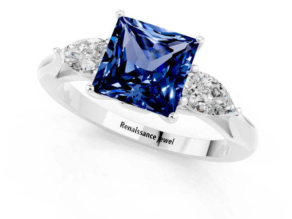 Platinum Princess Cut Blue Sapphire Three-Stone Ring with Pear  Side Stones and Prong Setting