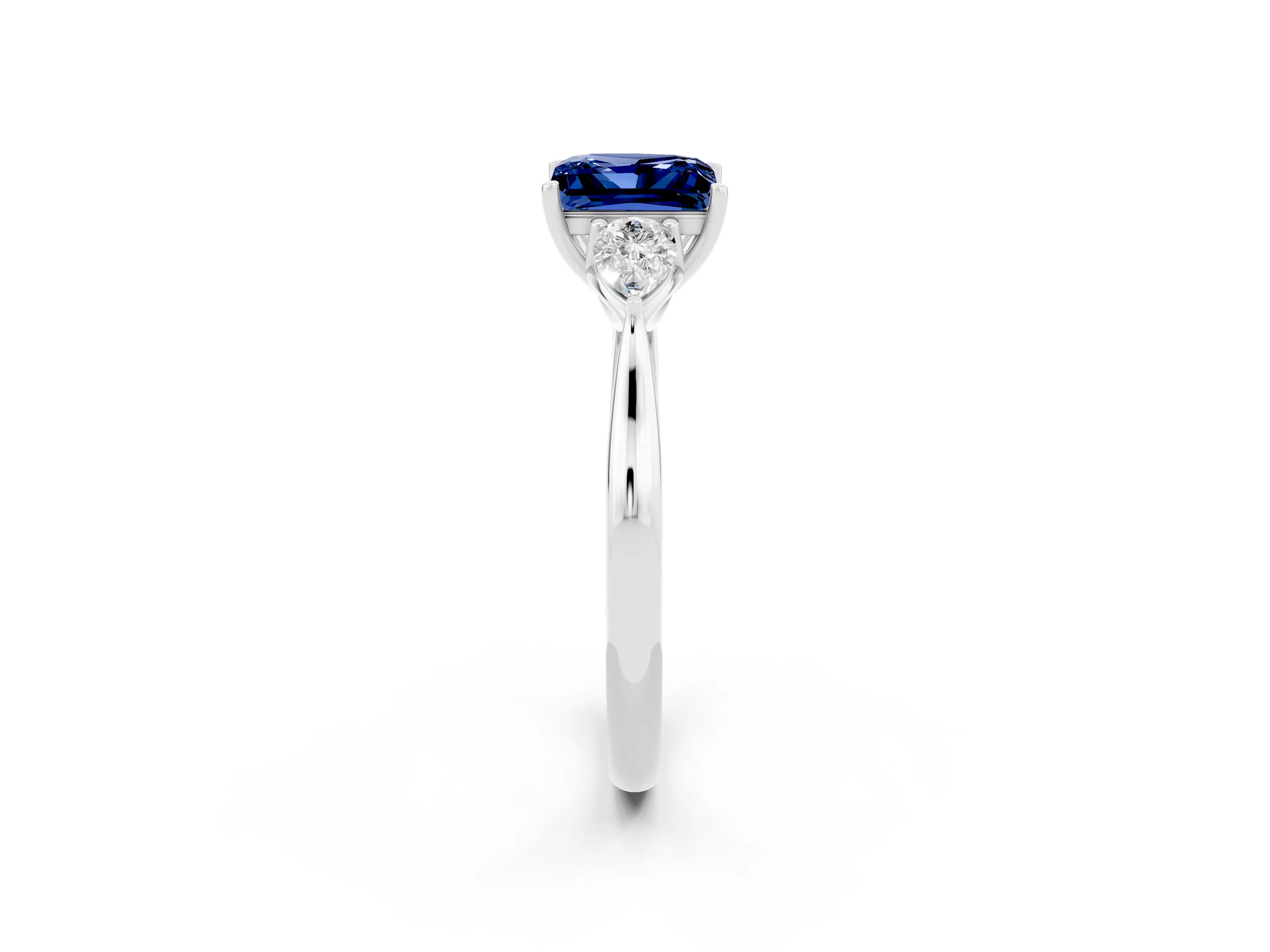 White gold Princess Cut Blue Sapphire Three-Stone Ring with Pear Side Stones and Four-Prong Setting_14