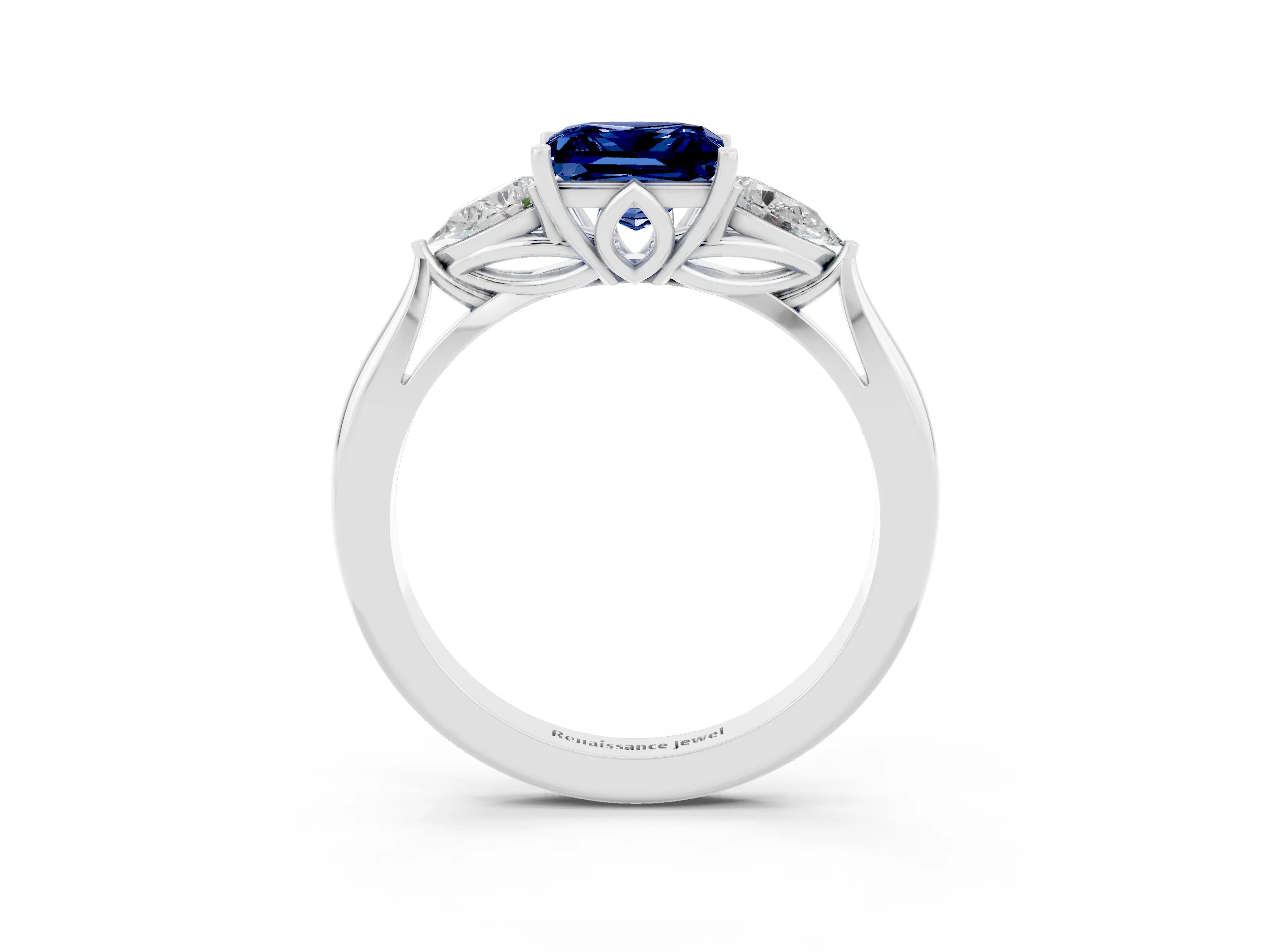 White gold Princess Cut Blue Sapphire Three-Stone Ring with Pear Side Stones and Four-Prong Setting_15