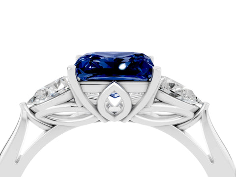 White gold Princess Cut Blue Sapphire Three-Stone Ring with Pear Side Stones and Four-Prong Setting_16