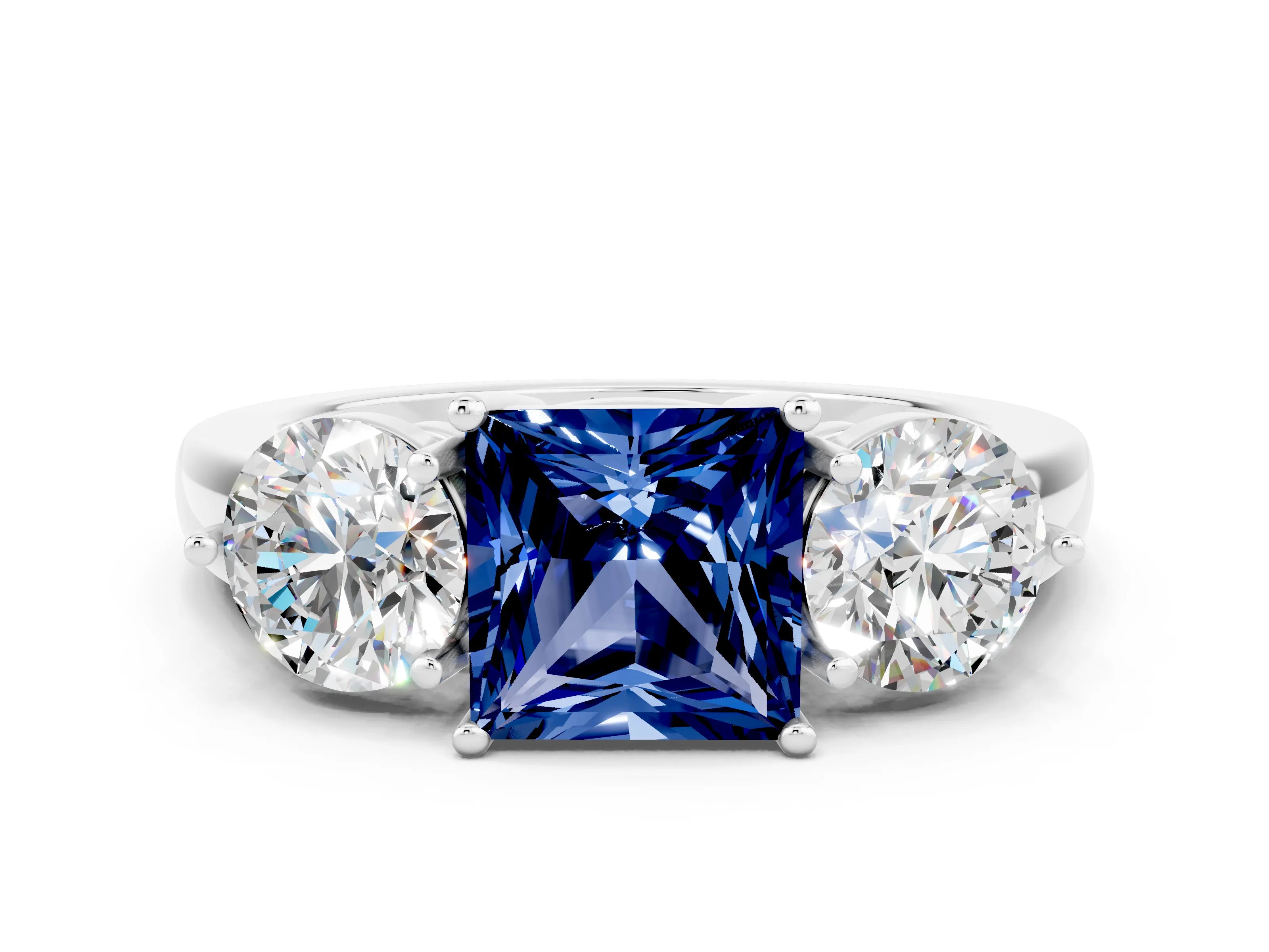 White gold Princess Cut Blue Sapphire Three-Stone Ring with Prong Setting and Classic Band
