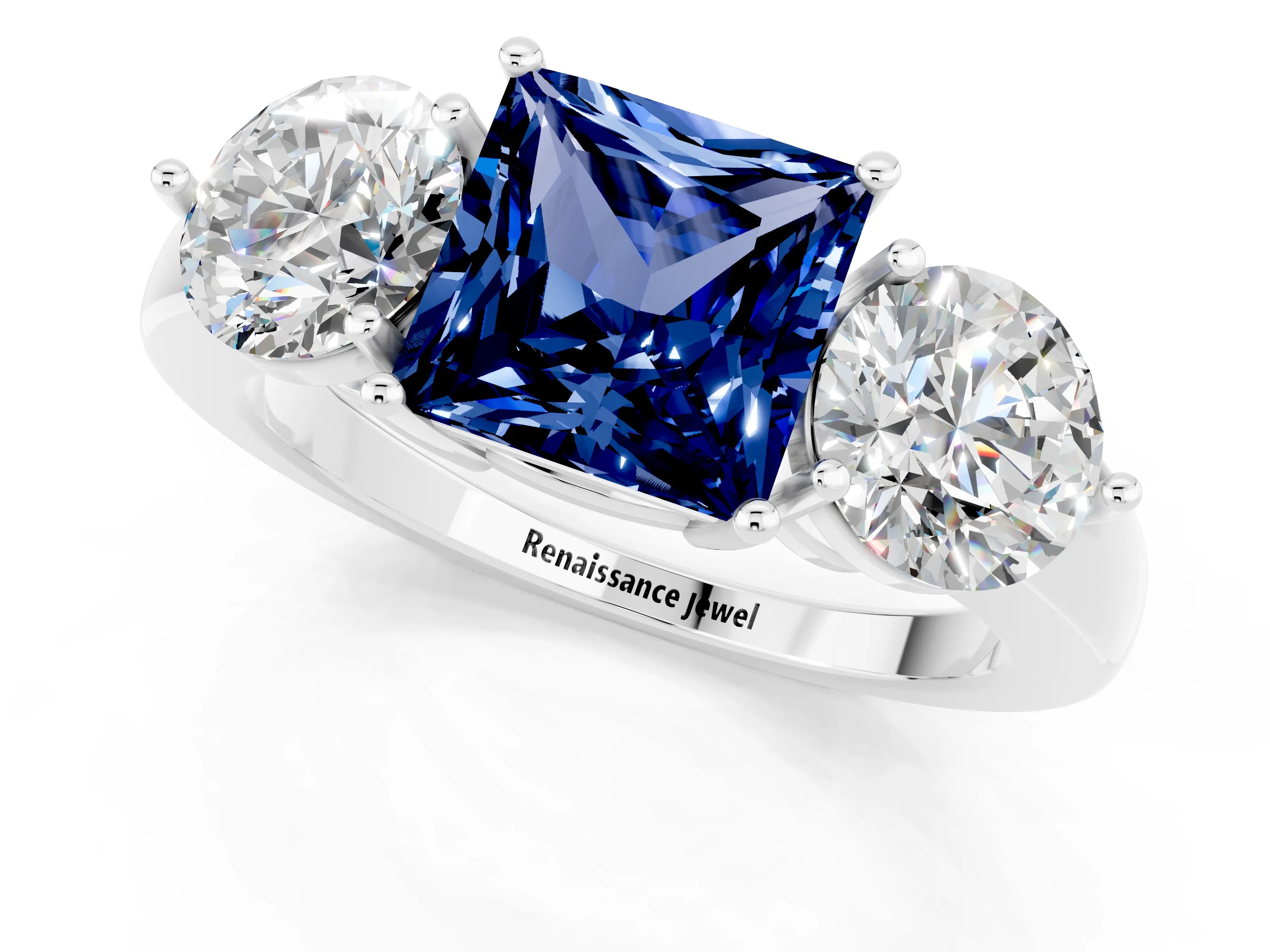 White gold Princess Cut Blue Sapphire Three-Stone Ring with Prong Setting and Classic Band_1