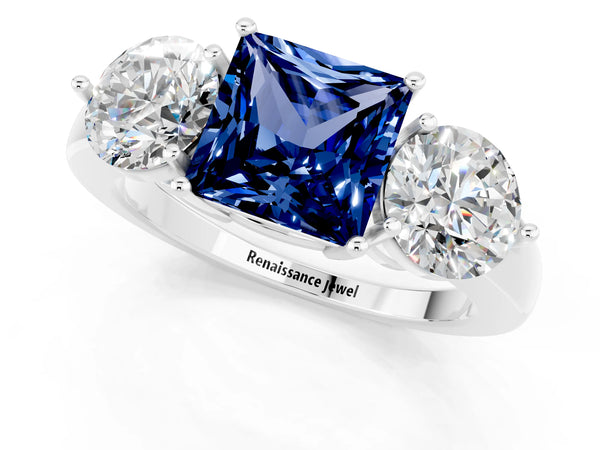Platinum Princess Cut Blue Sapphire Three-Stone Ring with Prong Setting and Classic Band