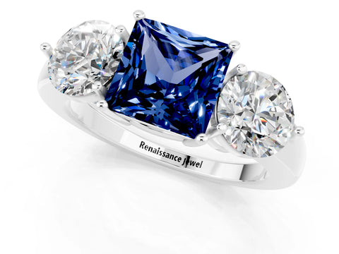 White gold Princess Cut Blue Sapphire Three-Stone Ring with Prong Setting and Classic Band_1