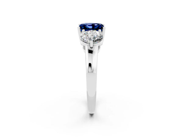 Platinum Princess Cut Blue Sapphire Three-Stone Ring with Prong Setting and Classic Band