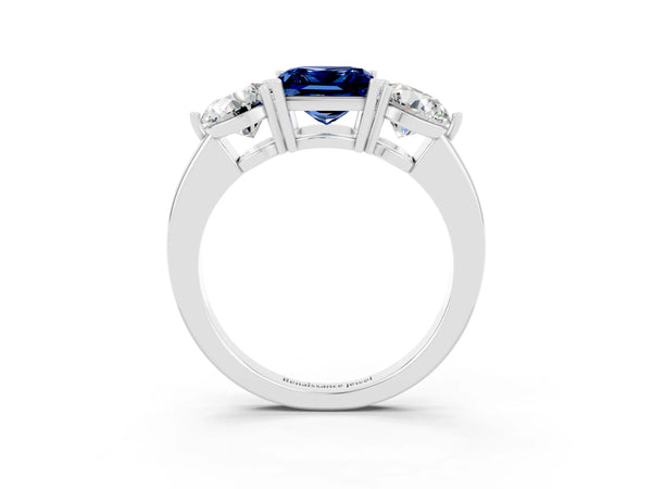 Silver Princess Cut Blue Sapphire Three-Stone Ring with Prong Setting and Classic Band