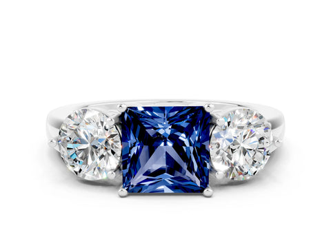 White gold Princess Cut Blue Sapphire Three-Stone Ring with Prong Setting and Classic Band