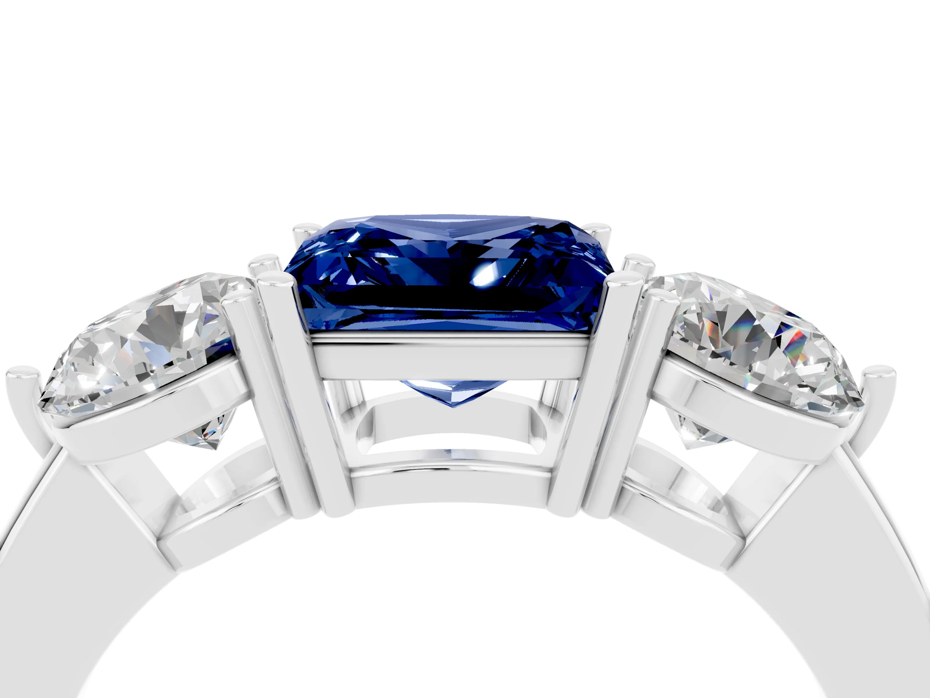 White gold Princess Cut Blue Sapphire Three-Stone Ring with Prong Setting and Classic Band_4