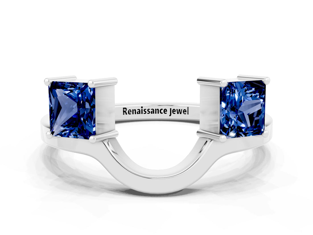 White gold Princess Cut Blue Sapphire Two-Stone Open Band Ring with Four-Prong Setting_6