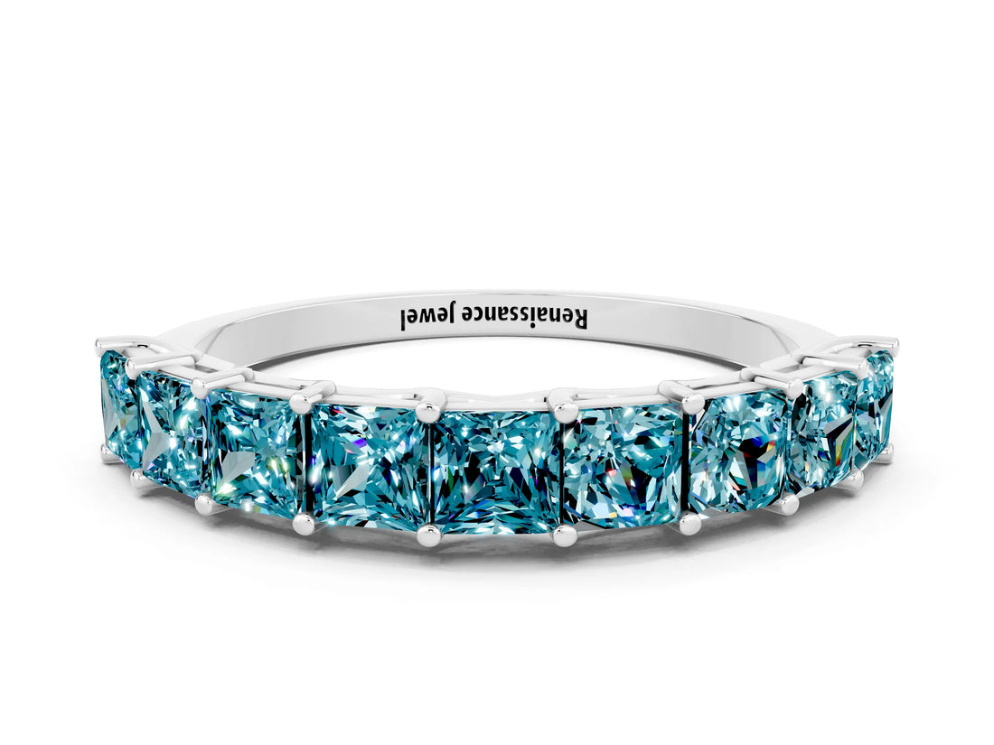 White gold Princess Cut Blue Topaz Channel-Set Eternity Band with Prong Setting_6