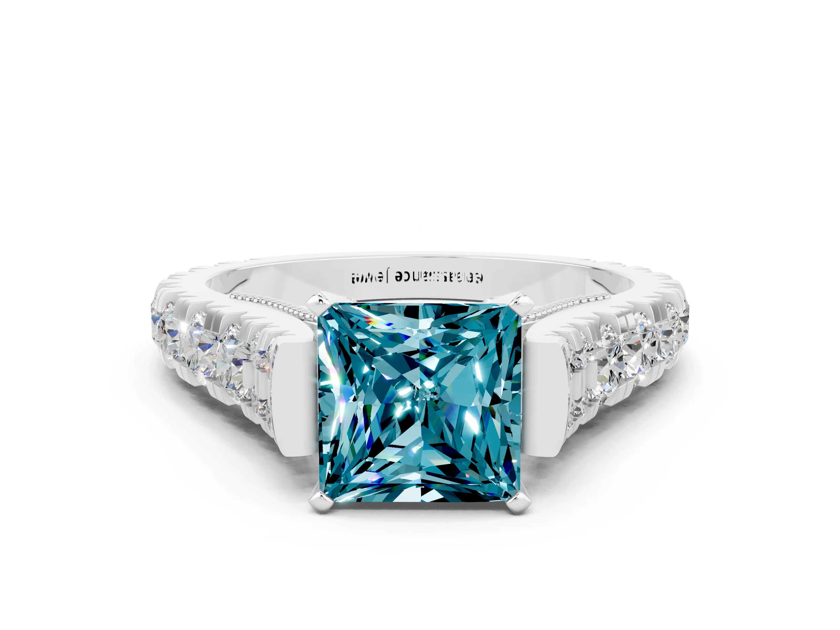 White gold Princess Cut Blue Topaz Classic Solitaire Ring with Pavé Band and Four-Prong Setting