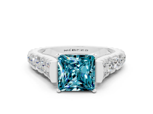 Silver Princess Cut Blue Topaz Classic Solitaire Ring with Pavé Band and Four-Prong Setting